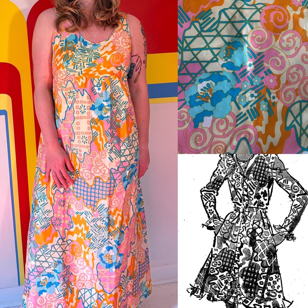 1970s pastel psychedelic maxi dress night gown flower power nite owls pink blue